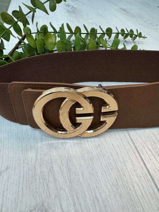 Calla: Brown gold GG buckle wide belt. One size: 8-16
