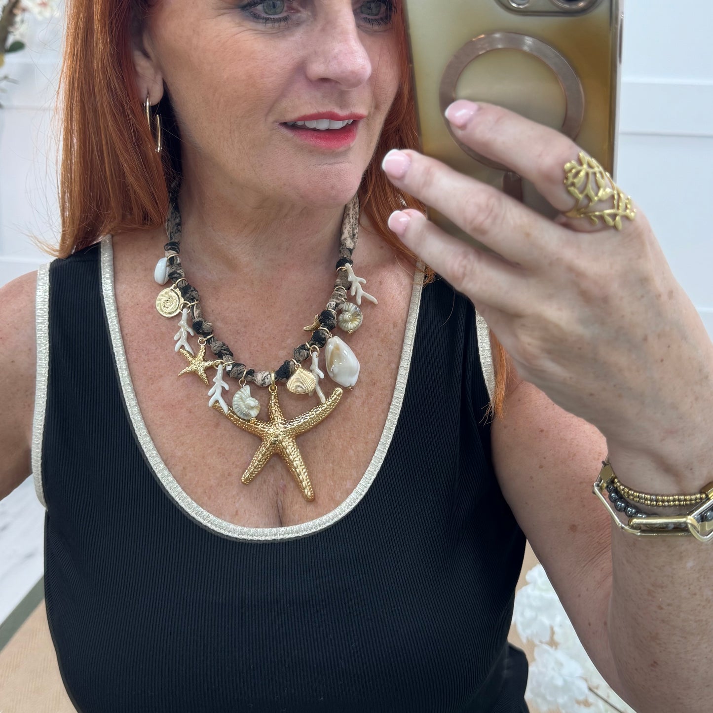 Tula: Fabric, gold starfish & shell necklace