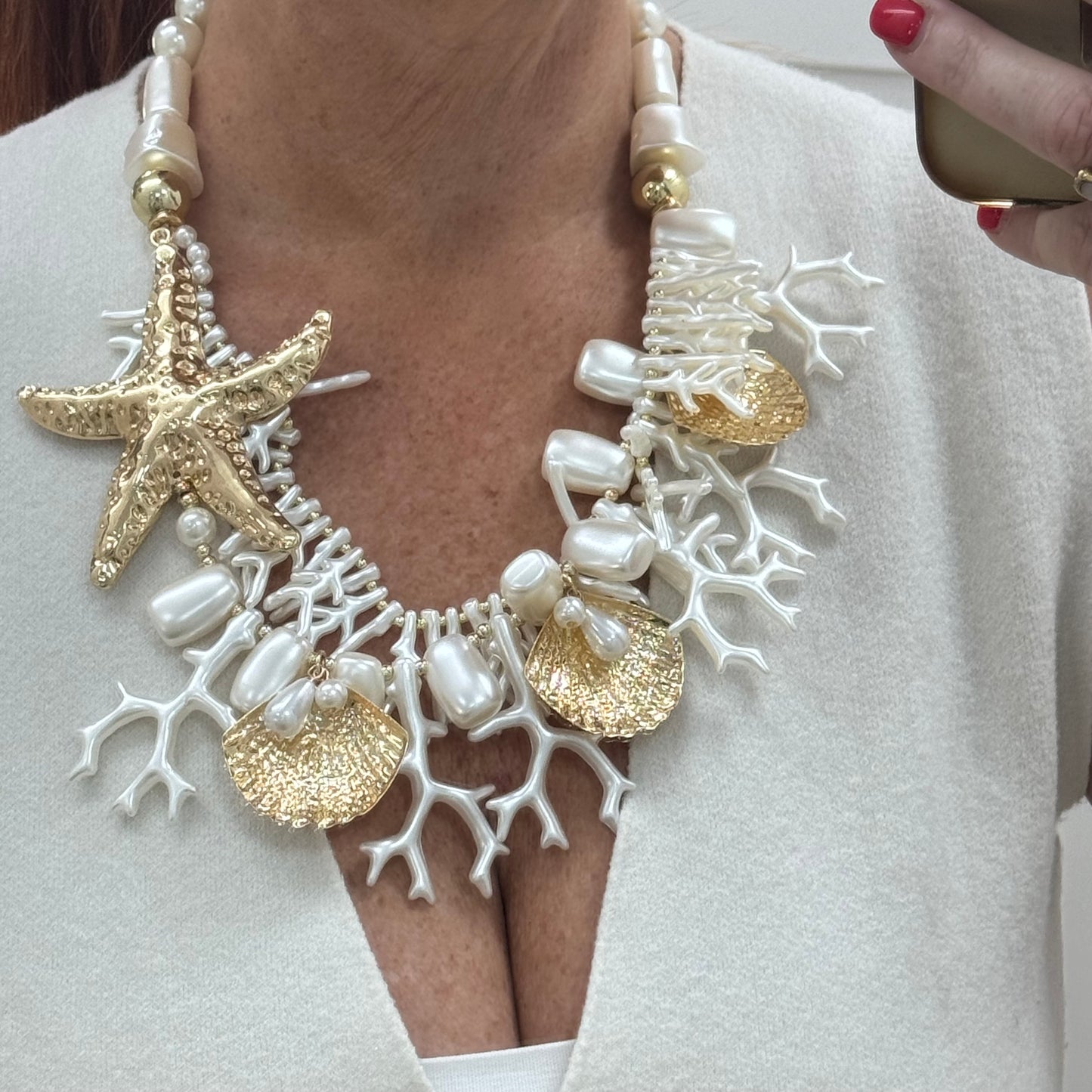 Anais: Chunky white coral & gold starfish necklace