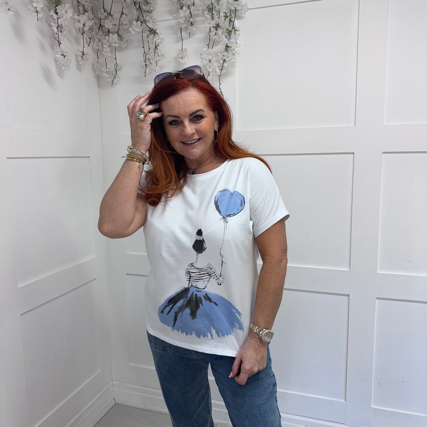Sam: White & blue diamanté’ ballerina T shirt. One size: 10-16