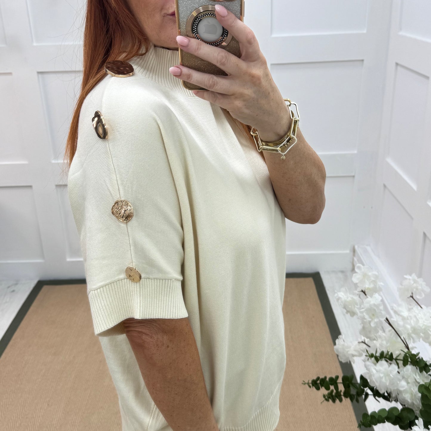 Camille: Cream short sleeve gold button top. One Size 12-20