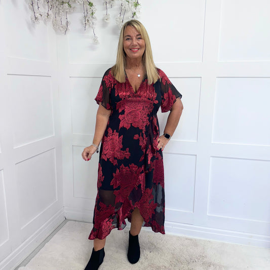 Gaia: Girl in Mind Red floral midi dress. Sizes 8-18