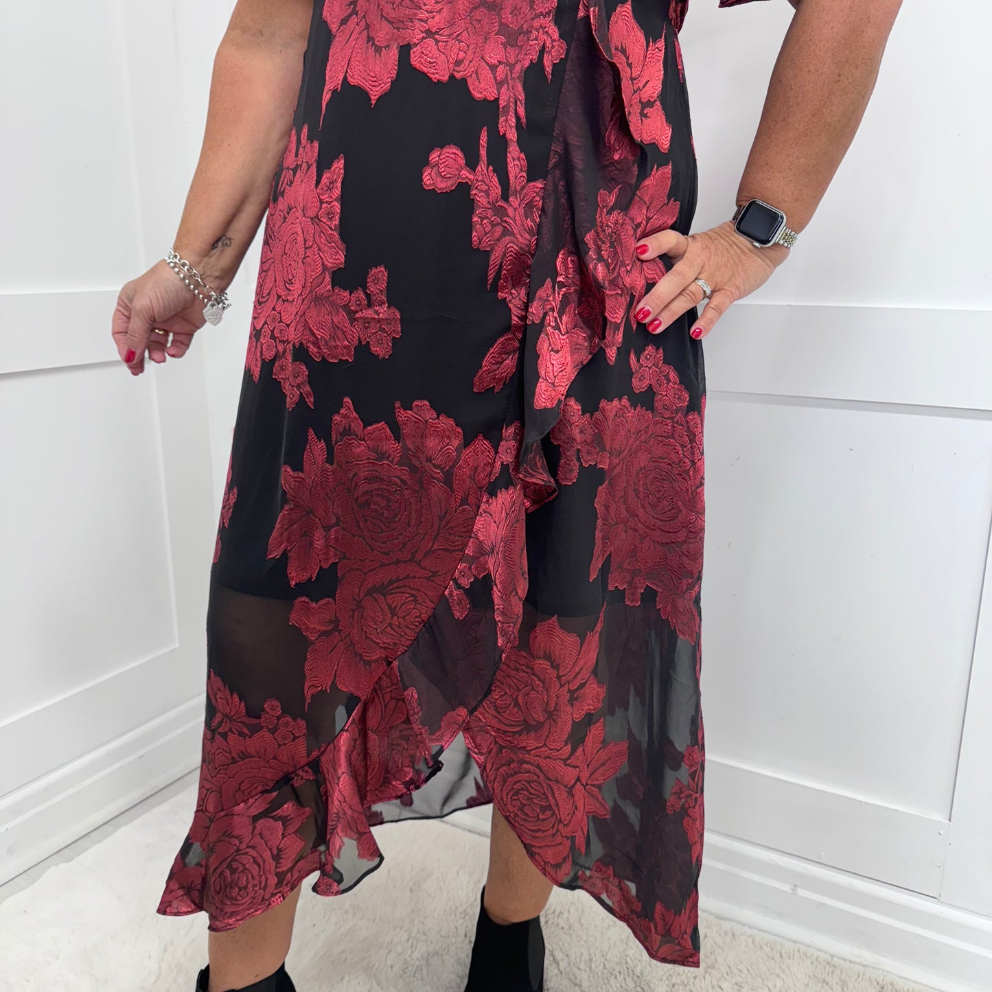 Gaia: Girl in Mind Red floral midi dress. Sizes 8-18