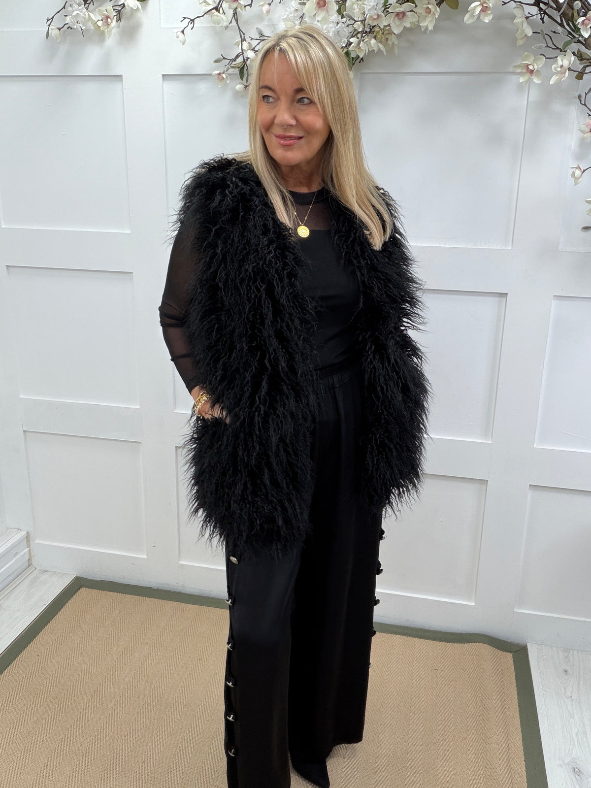 Gina: Black shaggy faux fur gilet. 2 sizes