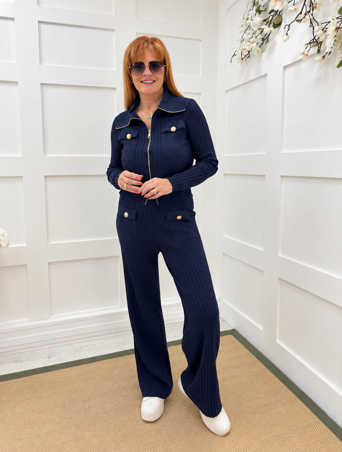 Serena: Ribbed zip up military top & trouser set. One Sz: 8-16. 5 colours
