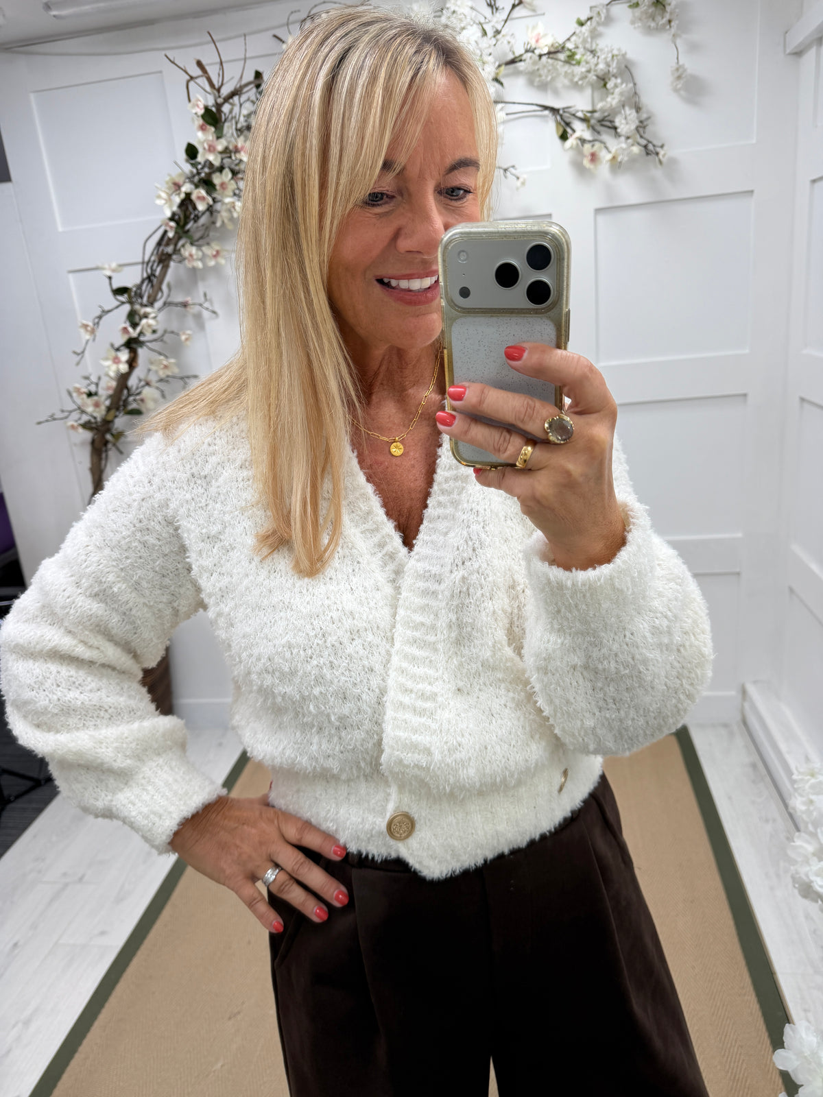 Astrid: Mohair gold button wrap cardigan. One size: 12-18 4 colours