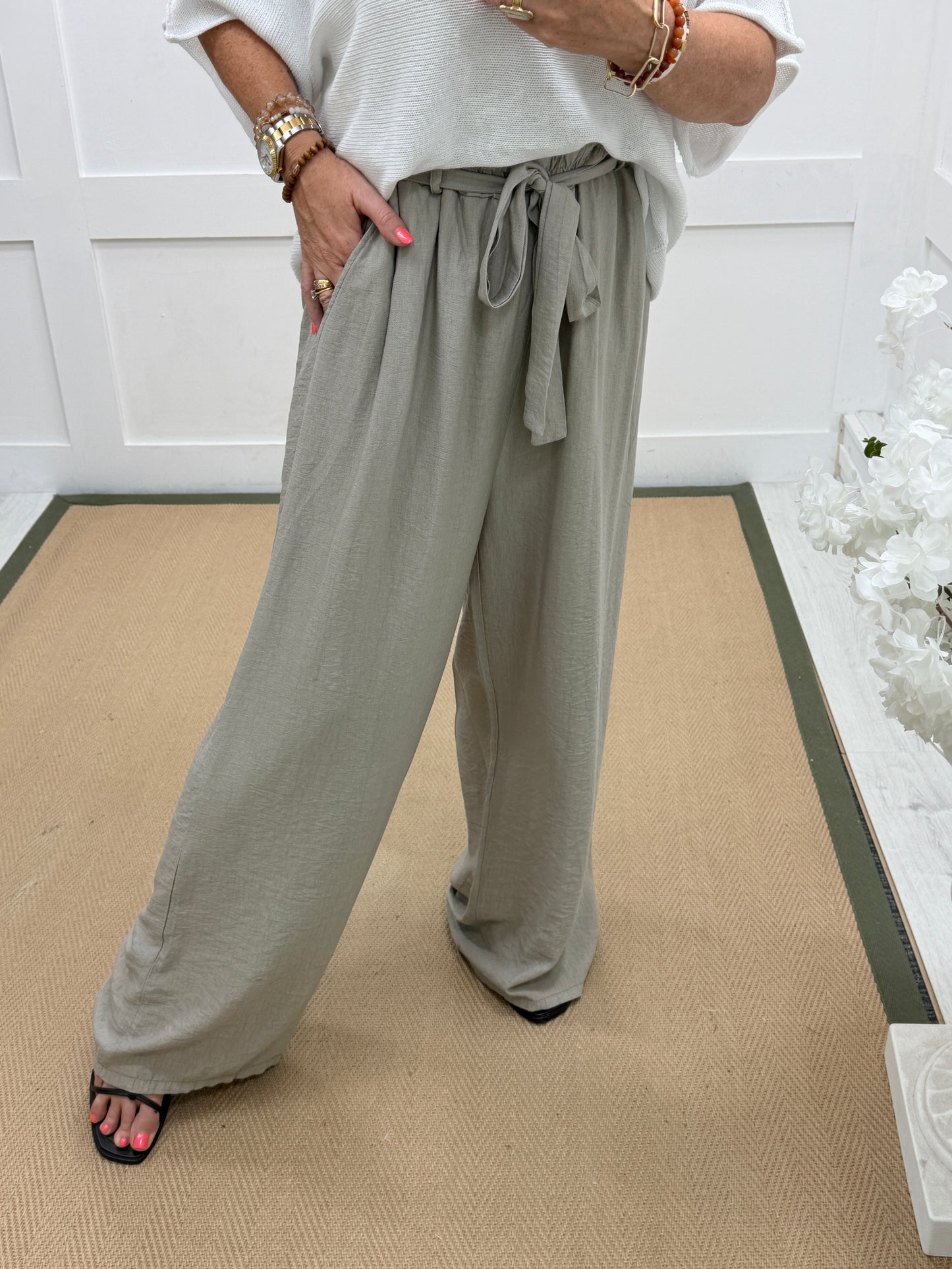 Lindy: Tie waist wide leg trousers. One size: 12-18. 4 colours