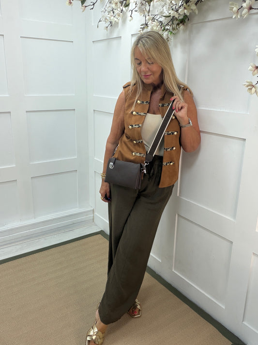 Lyla: Military leopard detail waistcoat. One size: 10-16. 2 colours