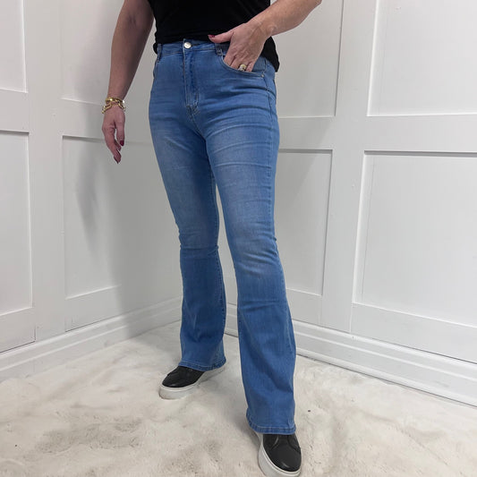 Neris: Blue high waist bootcut jeans. Sizes 8-20