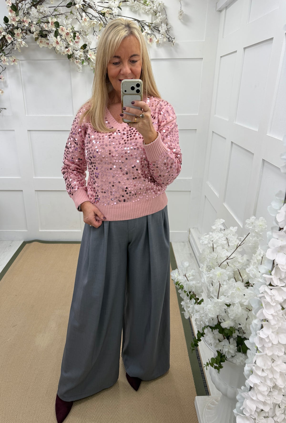 Sydney: Pink sequin long sleeve jumper. One Size: 12-16