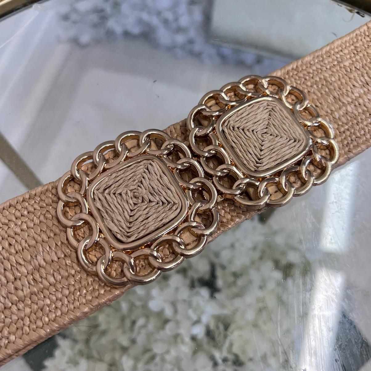 Ruthie: Stretchy raffia belt with gold buckle. One Size 10-20