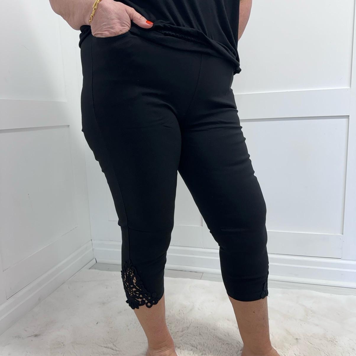 Chelsea: Stretchy lace hem capri pants. Sizes 12-22