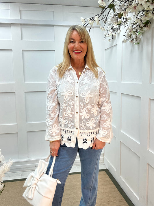 Talia: White long cotton floral crochet shirt . One size: 12-16