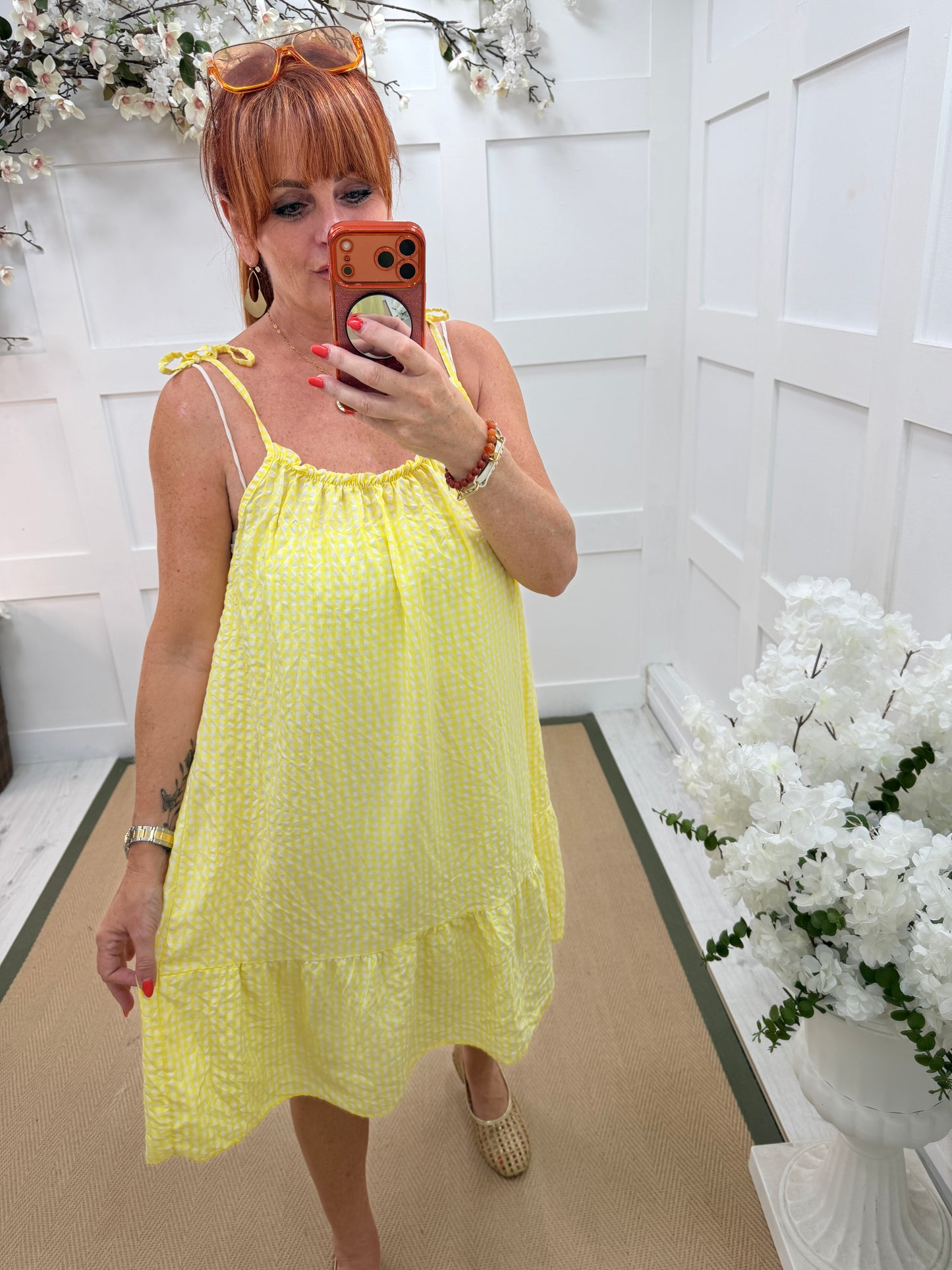Gina: Gingham print strappy knee length dress. One size: 12-18. 4 colours