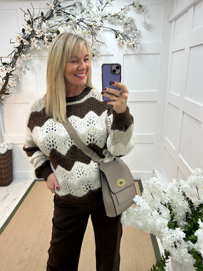 Zandra: Brown zigzag knit jumper. One size 12-20