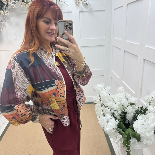 Amelia: Silky burgundy printed bomber jacket. One size: 8-16