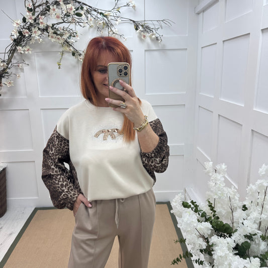 Maya: Cream leopard print diamanté logo sweatshirt. One size: 14-18