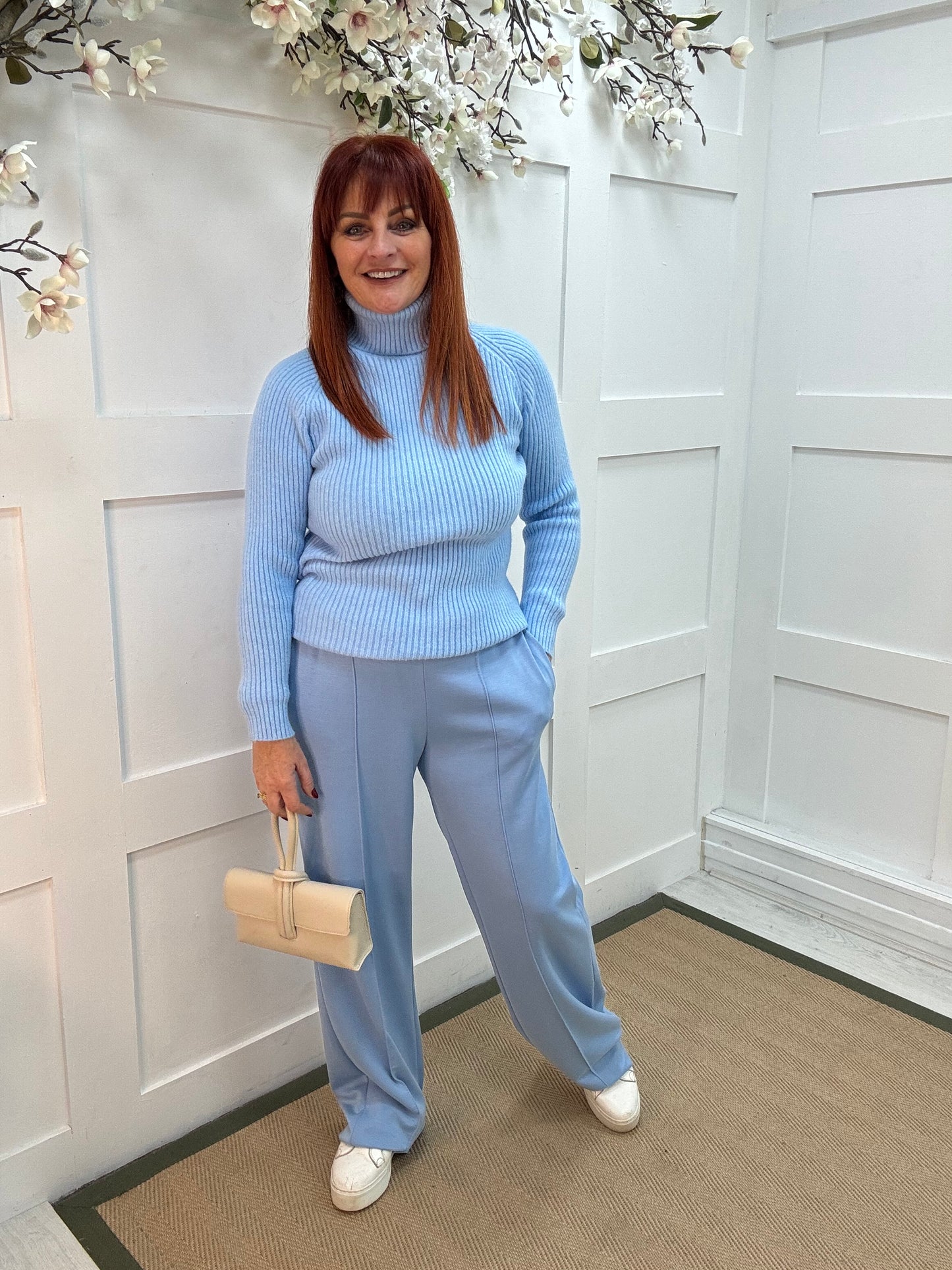 Trudy: Baby blue stretchy wide leg pocket trousers. One size: 10-16