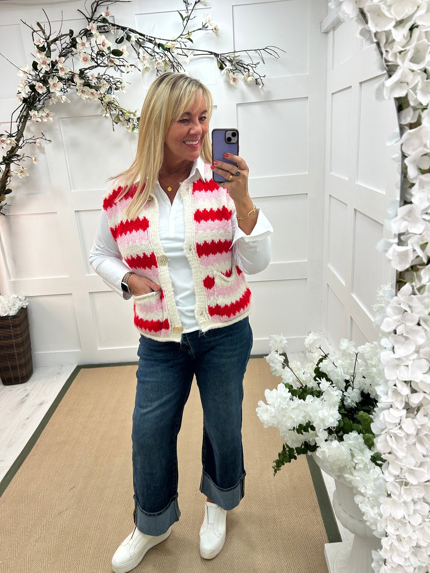 Nova: Pink & red stripe knitted waistcoat. One size: 12-18