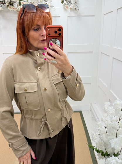 Jazz: Military style cinched waist jacket. One size 12-16