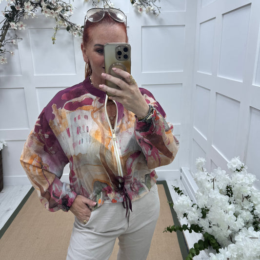 Sutton: Silky burgundy tree printed bomber jacket. One size: 8-18