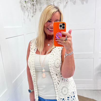 Willow: Cream crochet waistcoat with tie. One size: 8-16