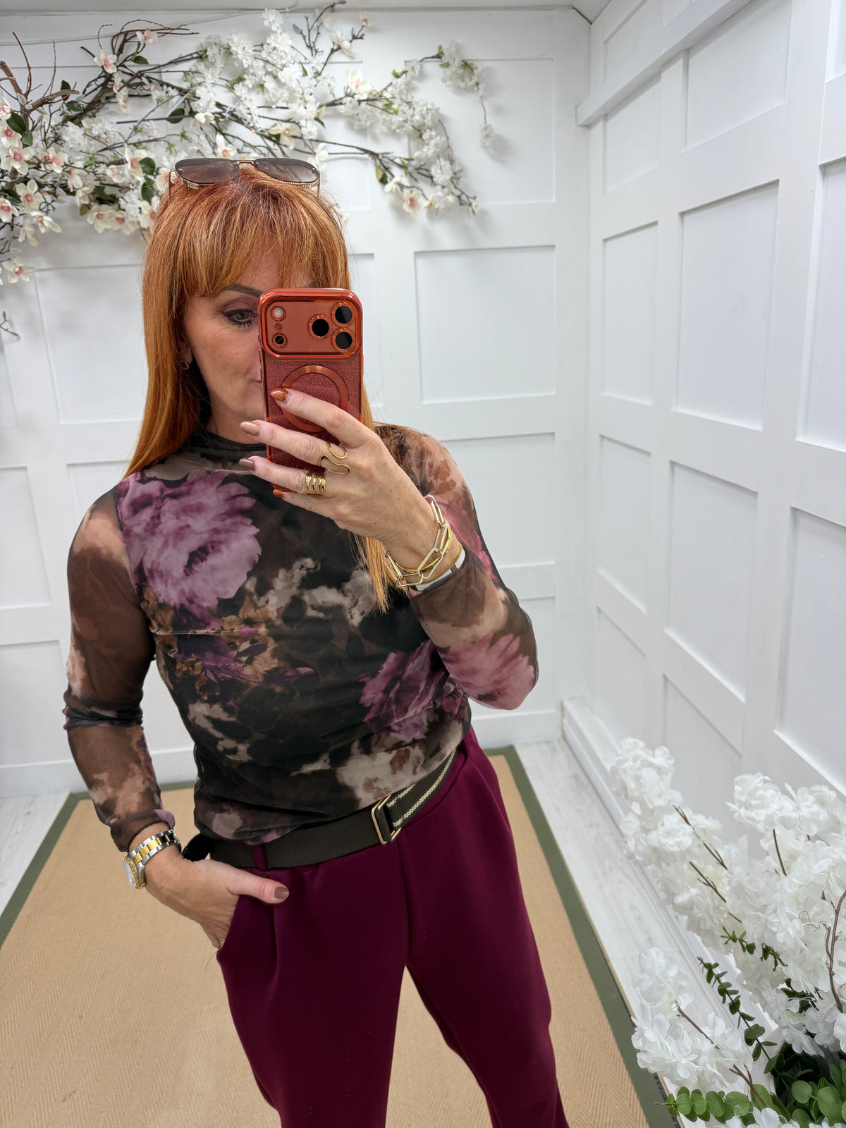 Amal: Floral patterned lined mesh top. One size: 8-12. 2 colours