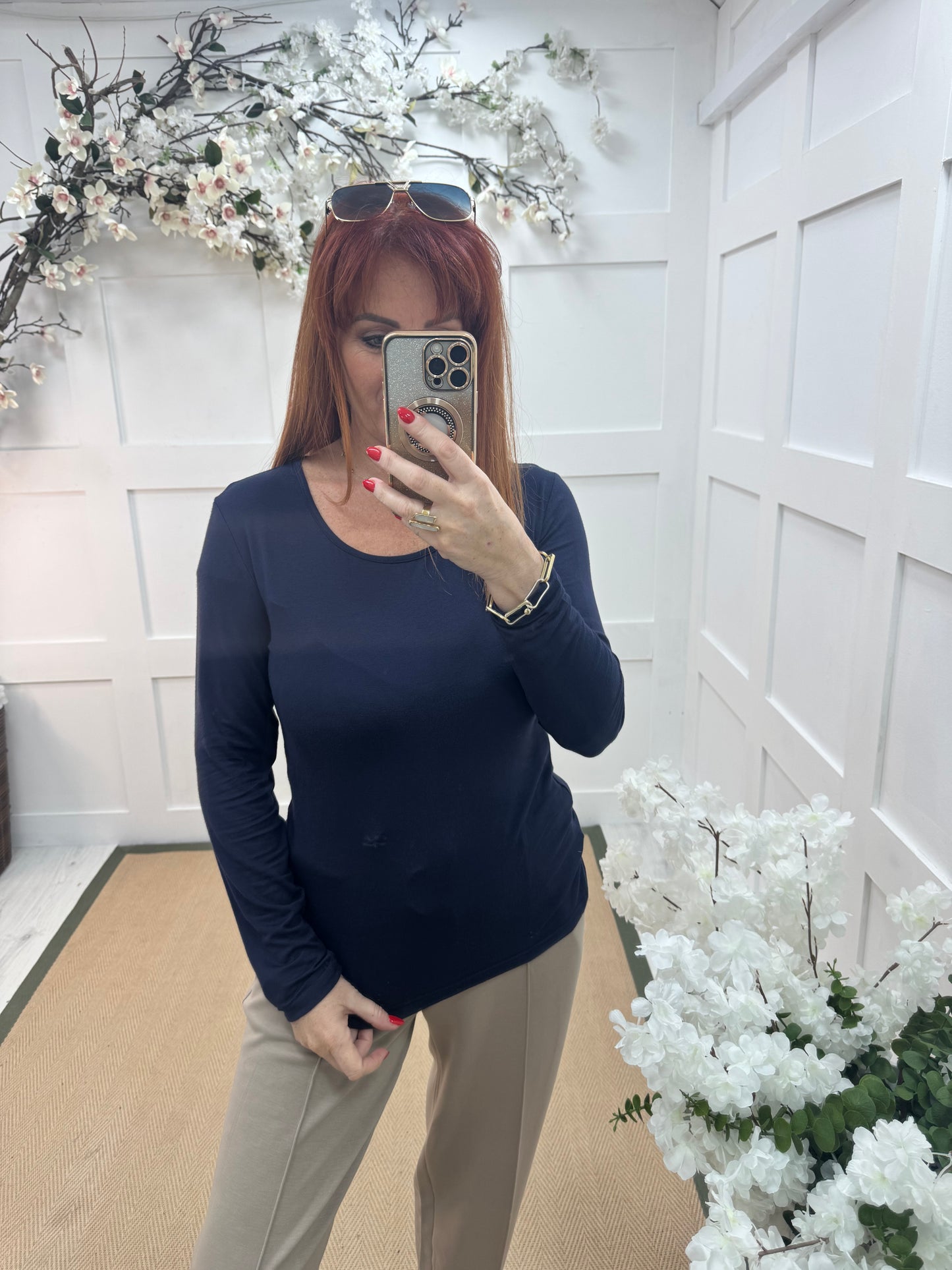 Bessie: Navy basic long sleeve top. One size: 10-16/18