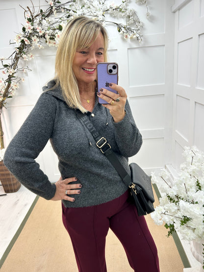 Teddi: Dark grey soft knit hooded top. 2 sizes