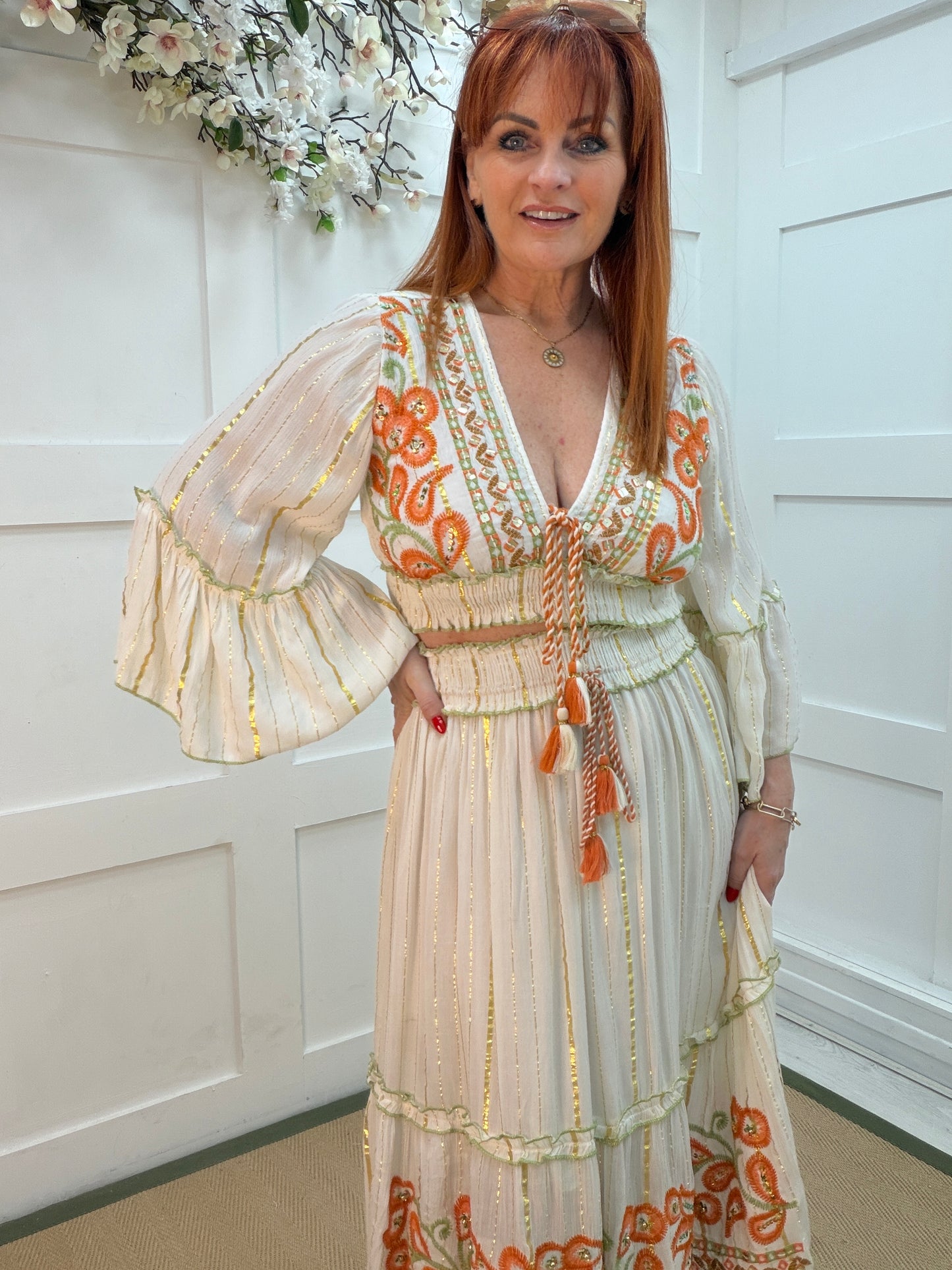Cassie: Embroidered bohemian top and tiered maxi skirt set. One size: 8-14
