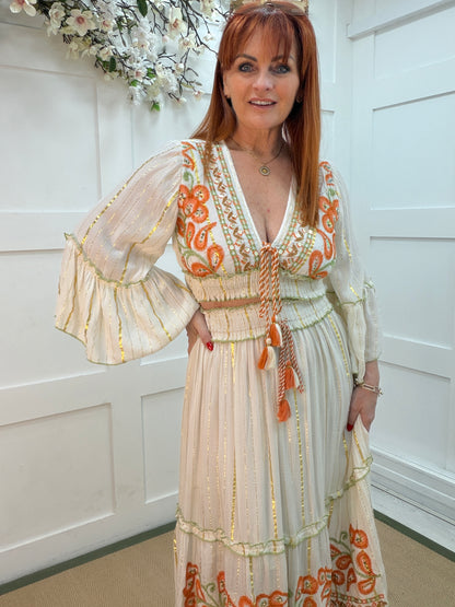 Cassie: Embroidered bohemian top and tiered maxi skirt set. One size: 8-14