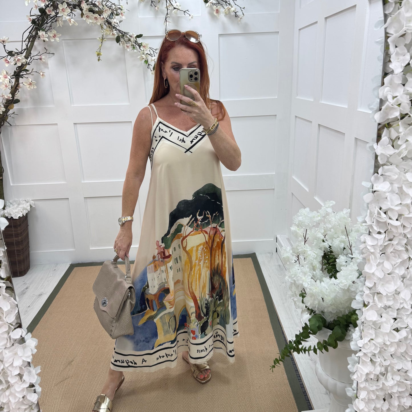 Ariana: Cream Amalfi print maxi dress. One size: 12-16