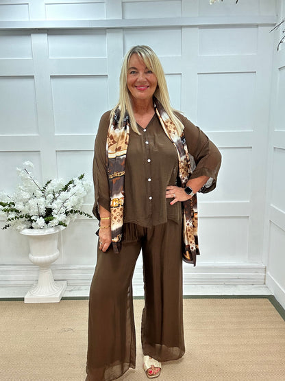 Venice: Brown silk wide leg trousers. One size: 12-20