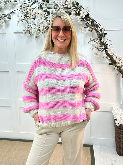 Beth: Baby pink & cream stripe knitted top. One Sz: 12-18