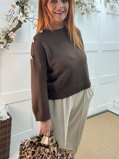 Lorna: Brown gold button knitted top. One Sz: 10-16