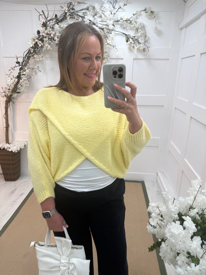 Willow: Lemon stretchy short wrap top. One size: 10-18