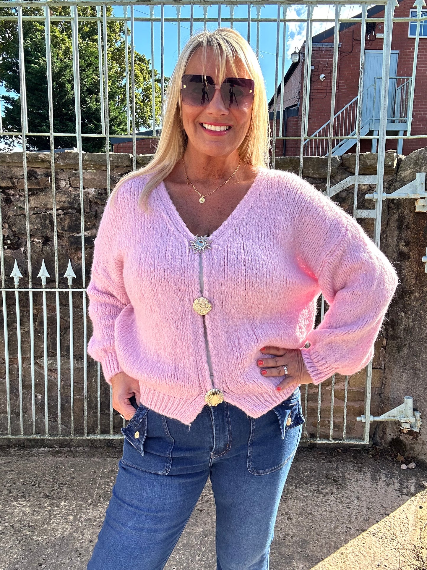 Emily: Pink V neck gold button cardigan. One size: 14-20