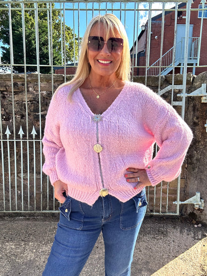 Emily: Pink V neck gold button cardigan. One size: 14-20