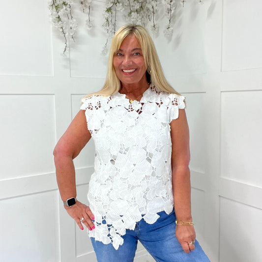 Camille: White open lace asymmetrical top. One size: 12-16