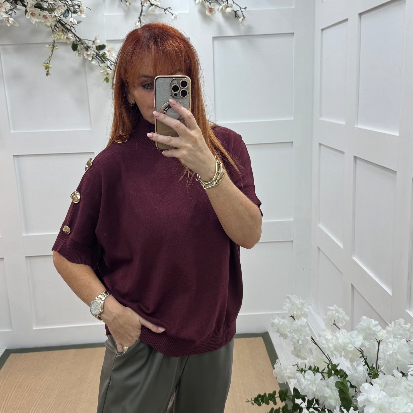 Camille: Burgundy short sleeve gold button top. One Size 12-20
