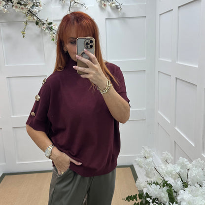 Camille: Burgundy short sleeve gold button top. One Size 12-20