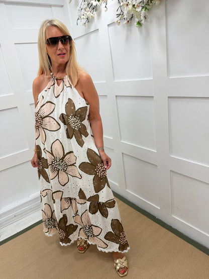 Gracie: Beaded halter neck floral printed maxi dress. One size: 16-20. 2 colours