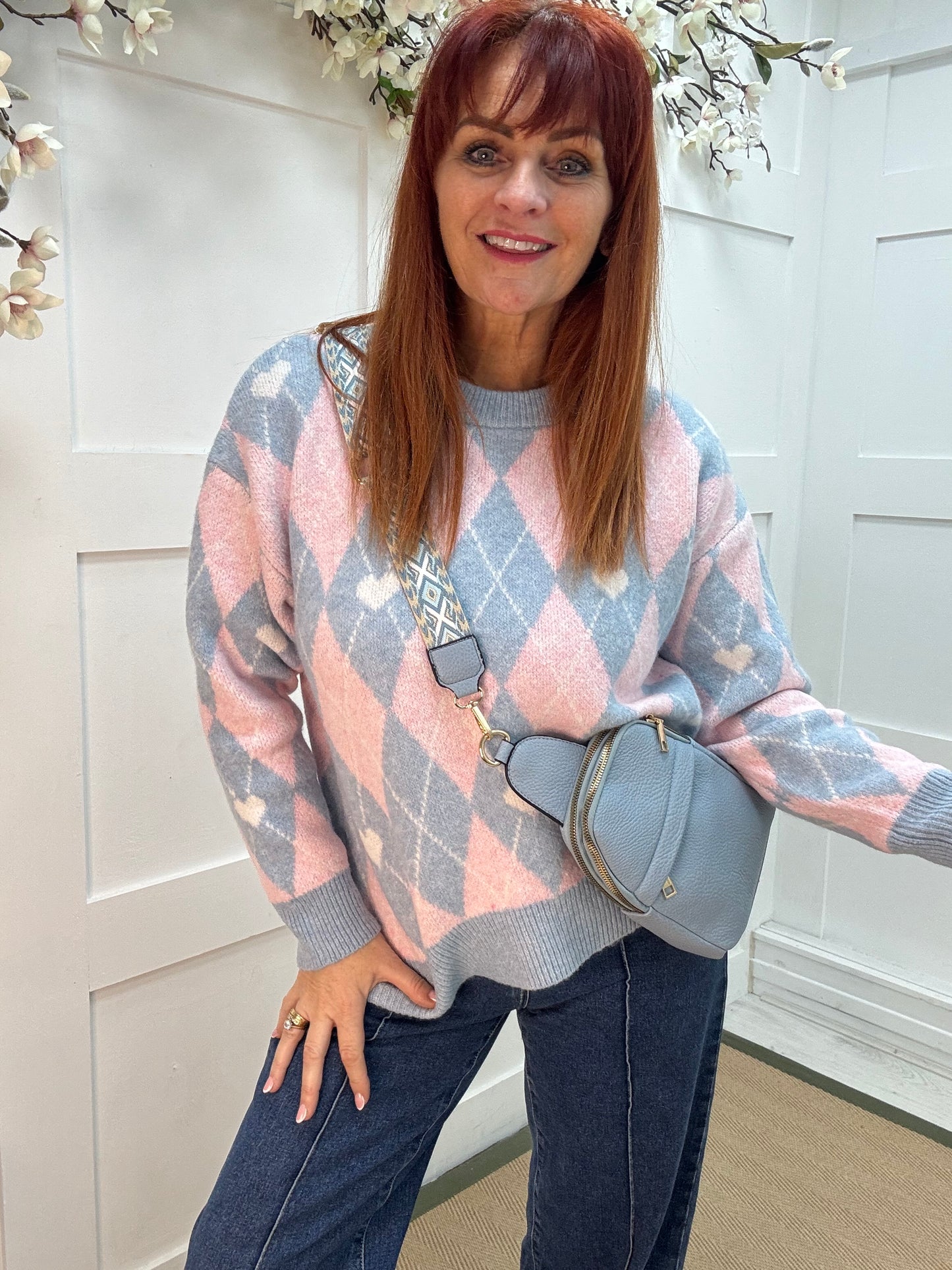 Allana: Baby blue & pink argyle knit top. One size: 10-18