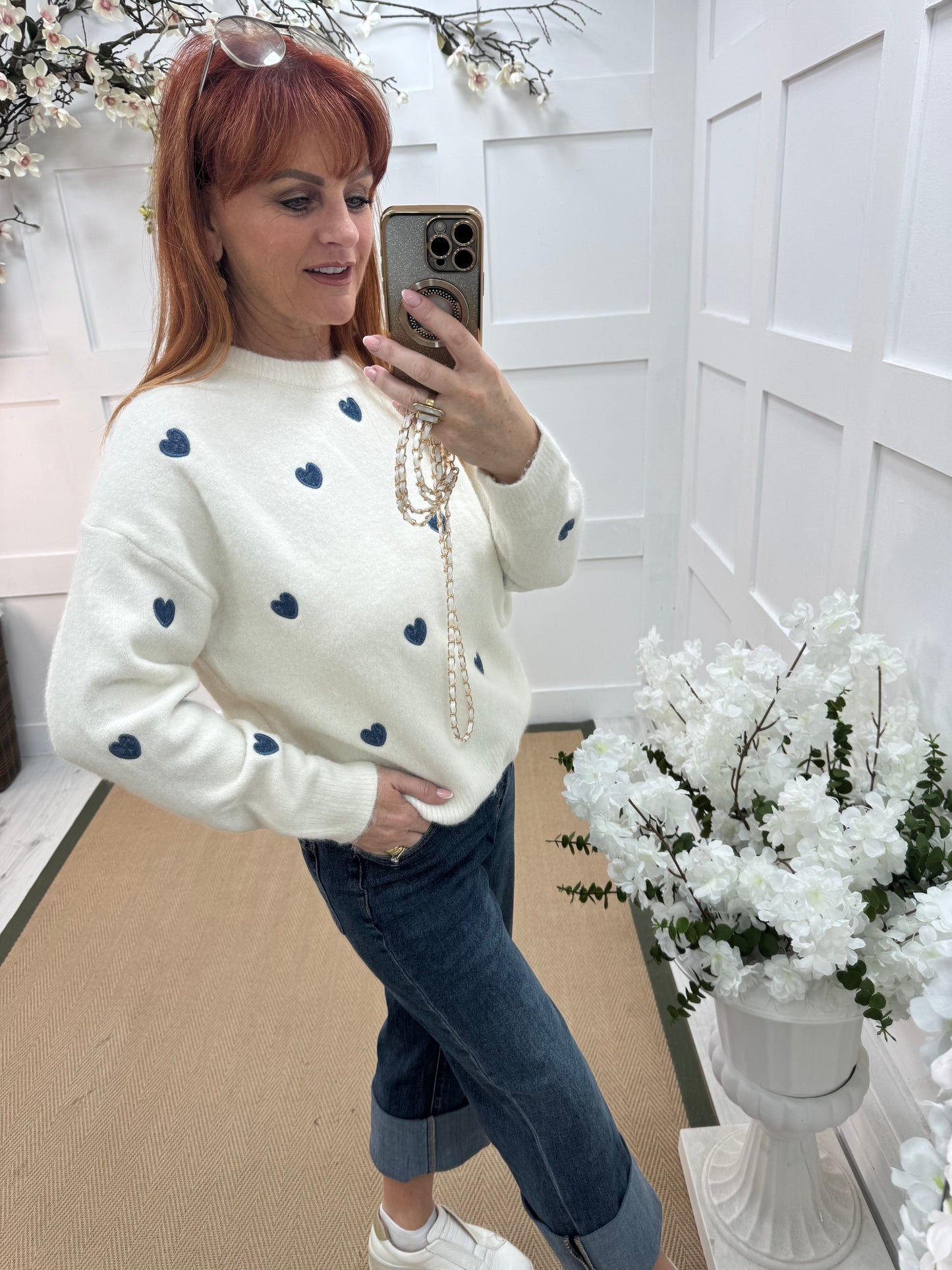 Harmony: Cream & blue heart wool top. One size: 12-18
