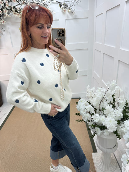 Harmony: Cream & blue heart wool top. One size: 12-18