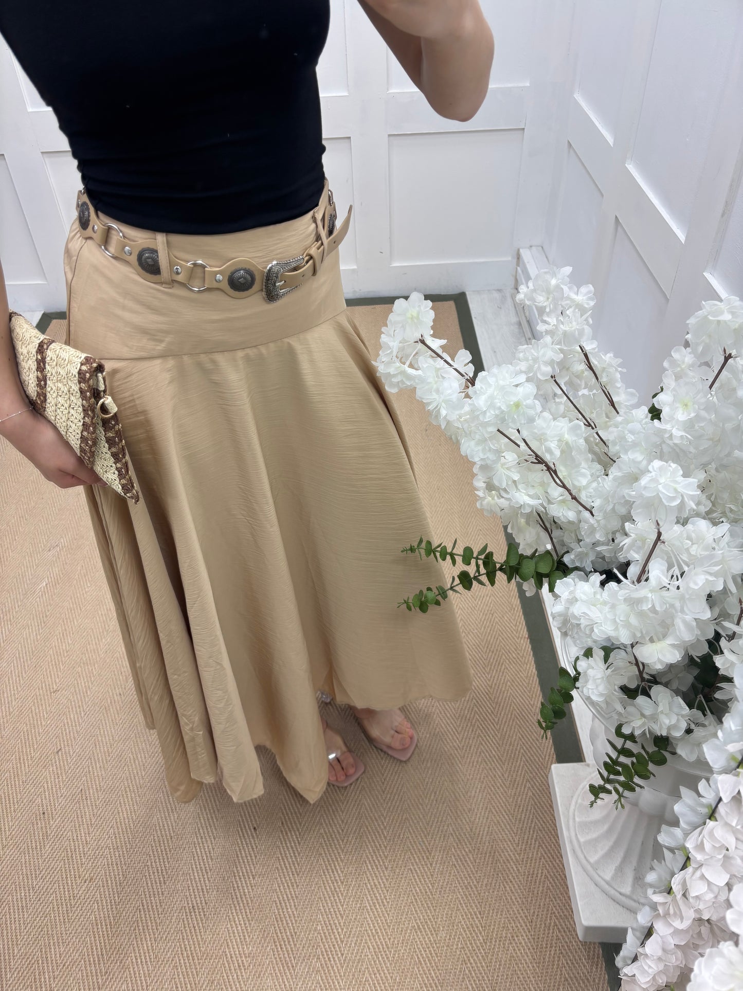 Sandy: Belted bohemian flared maxi skirt. 3 sizes. 2 colours