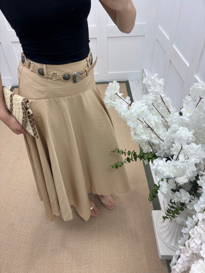 Sandy: Belted bohemian flared maxi skirt. 3 sizes. 2 colours