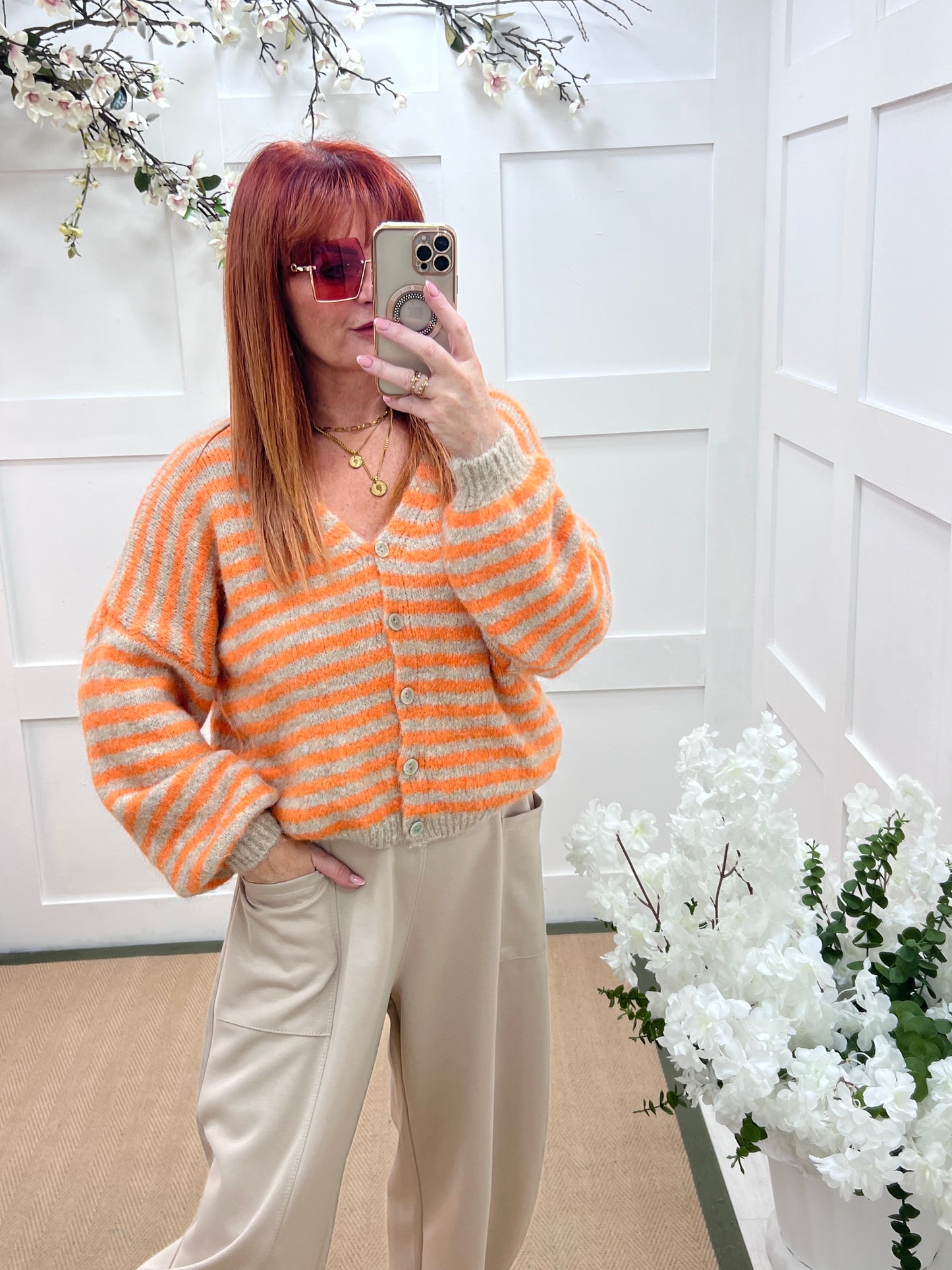 Rowan: Orange stripe V neck cardigan. One size: 12-18