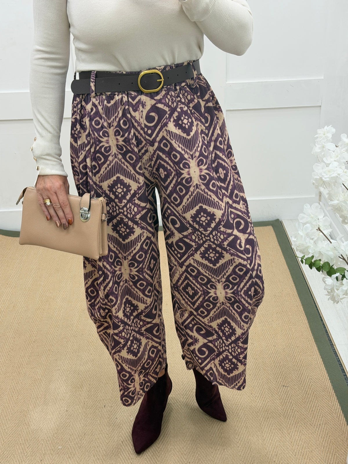 Florrie: Printed needlecord barrel leg belted trousers. One size: 10-18. 3 colours
