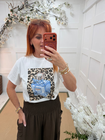Stella: White diamanté leopard print perfume T shirt. One size: 12-18